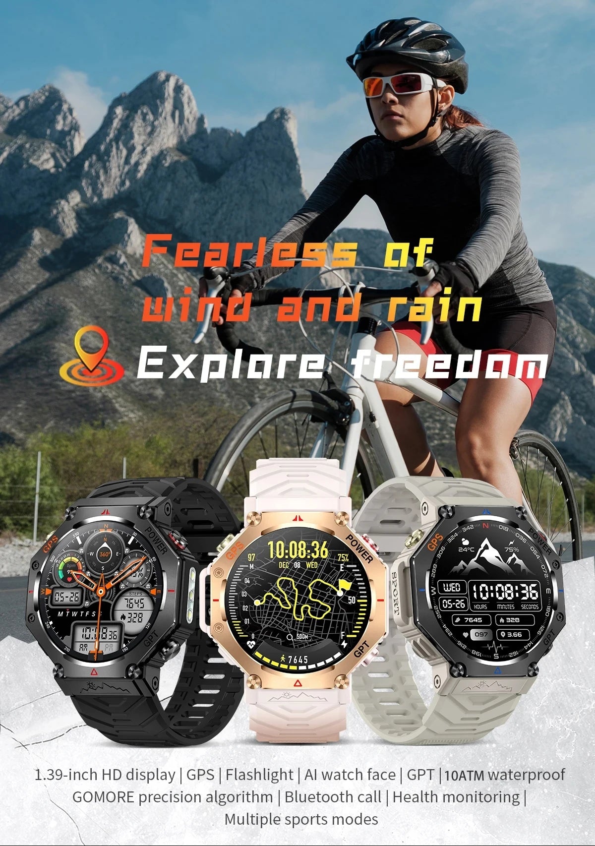 Woman riding a bicycle with mountainous background, featuring smartwatches on display.