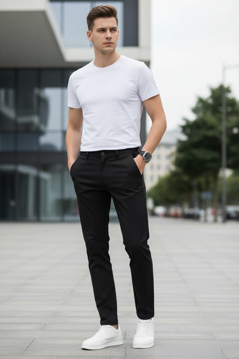 Person wearing black pants and white shoes on a gray background