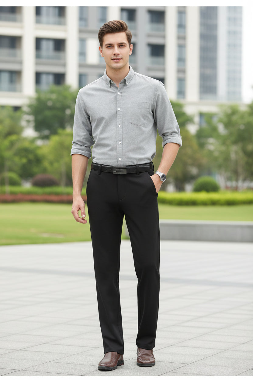 Navy blue pants displayed from multiple angles on a white background