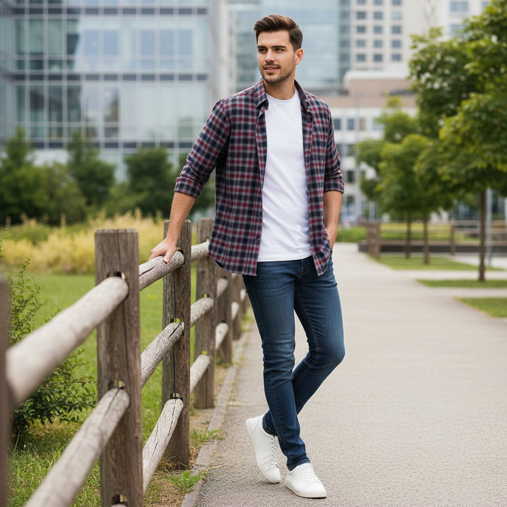 Plaid shirt on a hanger with a hand touching it against a neutral background