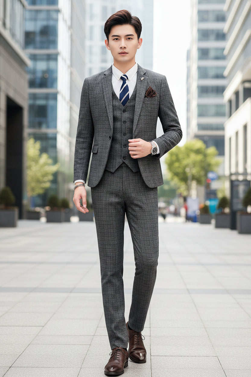 Person wearing a gray checkered suit with a white shirt and blue tie, standing against a marble wall.