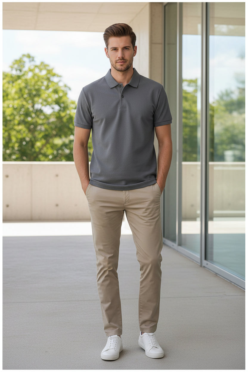 Gray polo shirt held by a hand with a blurred background of folded shirts.