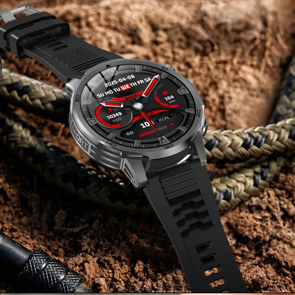 Smartwatch with black strap on a textured surface