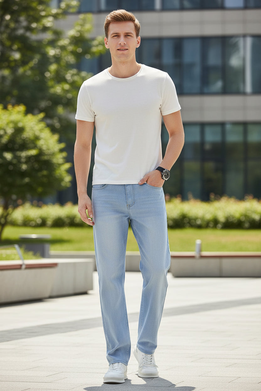 Spring Summer New Men's Thin Light Blue Jeans Business Casual