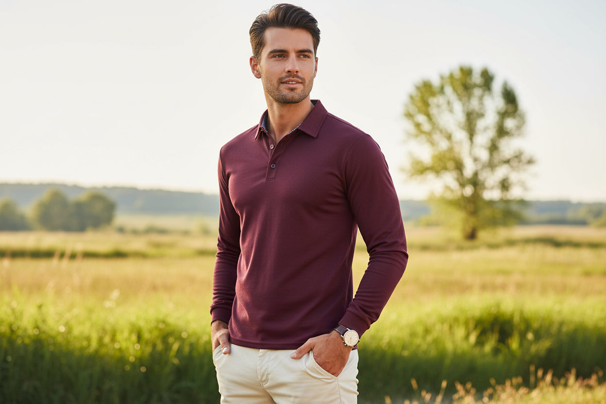 Maroon long-sleeve polo shirt worn by a person on a white background