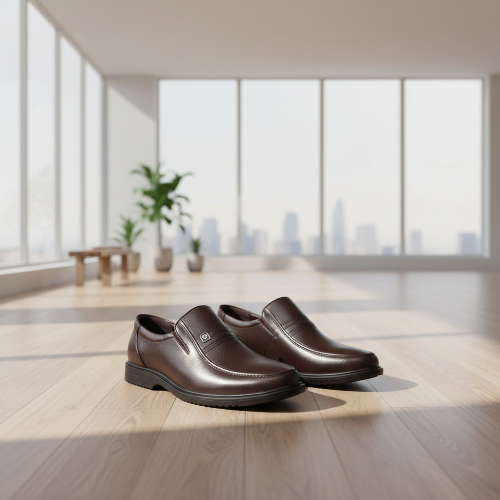 Brown leather shoes displayed on a white background