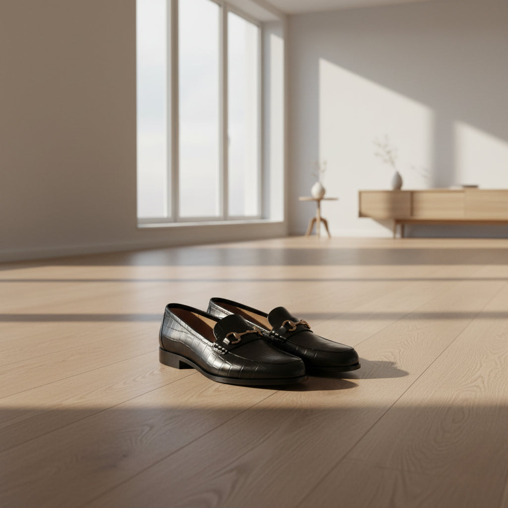 Black dress shoes on a wooden floor with 'Joker Tide Shoes' branding.