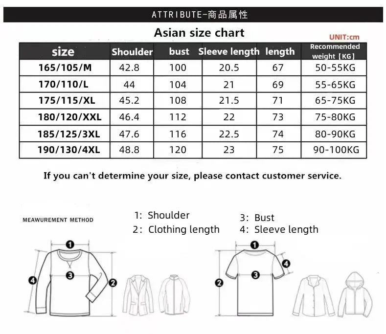 Asian size chart for clothing with measurements and weight recommendations.
