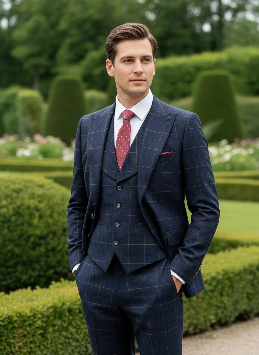 Elevate Your Style with the Dark Blue Checkered 3-Piece Suit Set