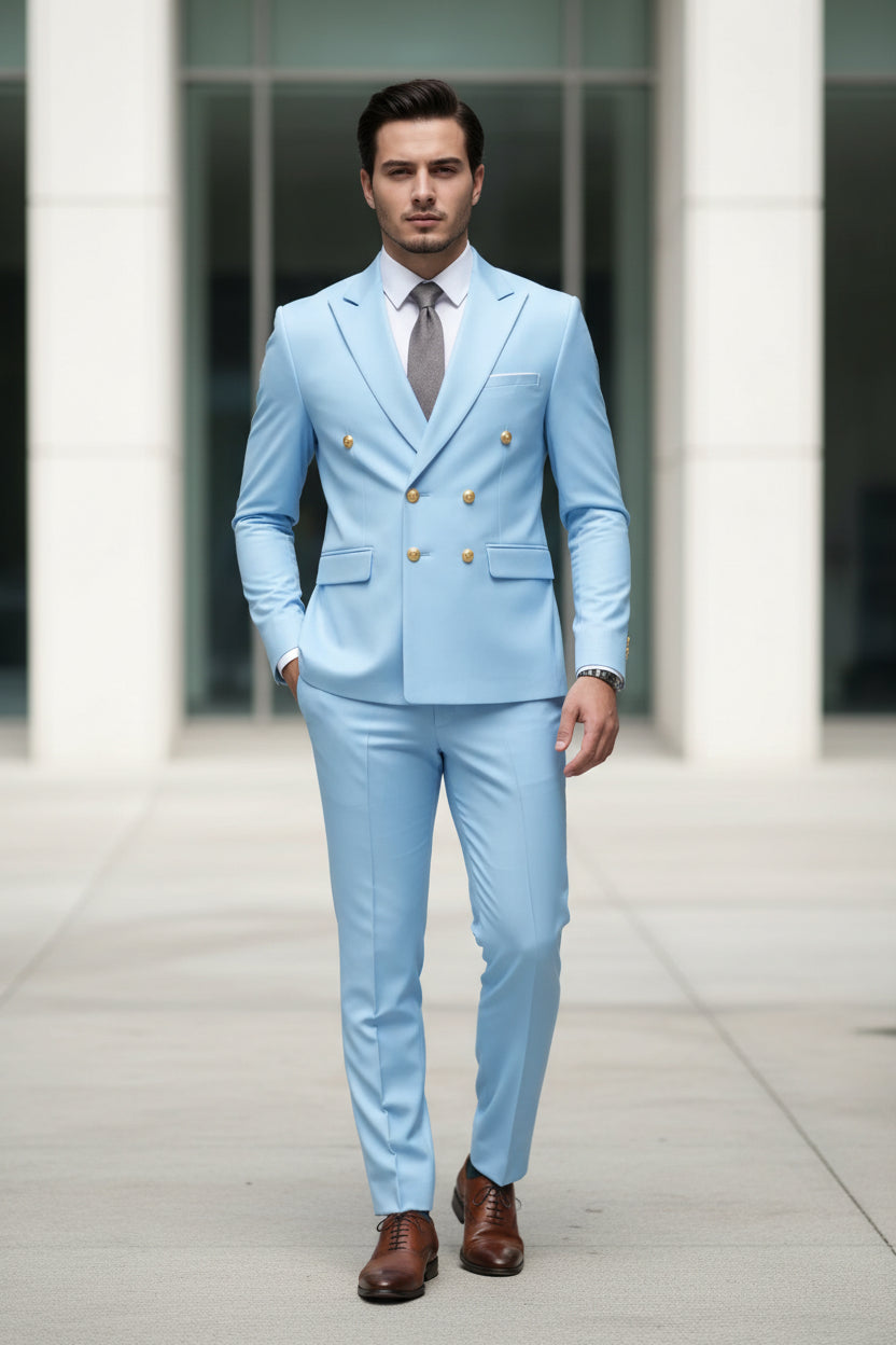 Light blue suit with gold buttons on a white background