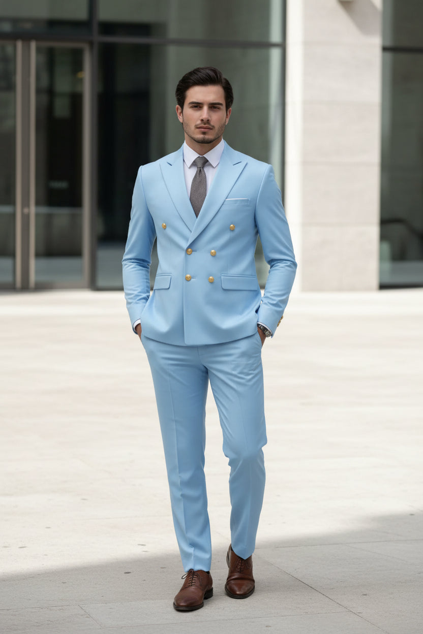 Light blue suit with gold buttons on a white background