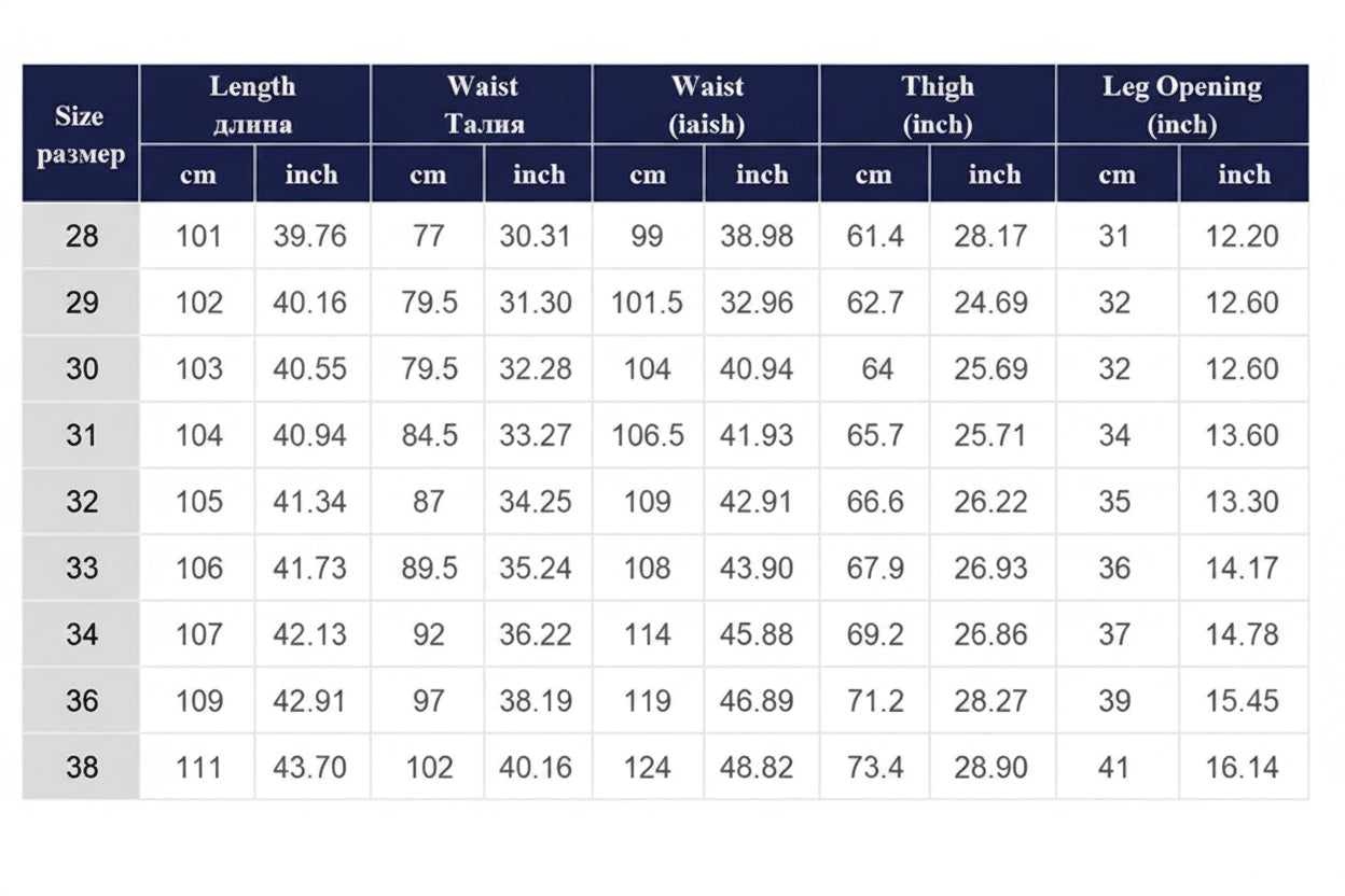 Table displaying size chart for pants with measurements in centimeters and inches.
