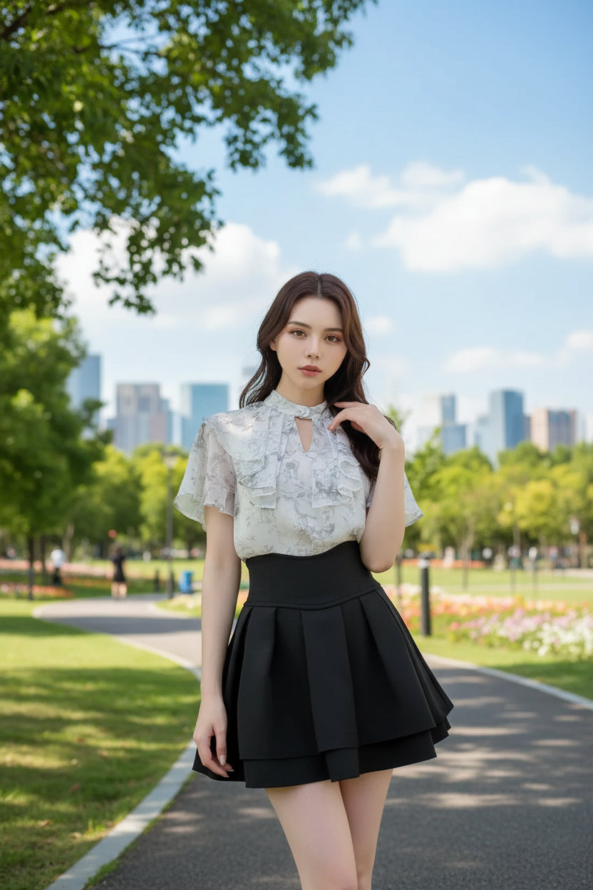 Woman wearing a white floral blouse and black skirt with 'Dutrieux' branding.
