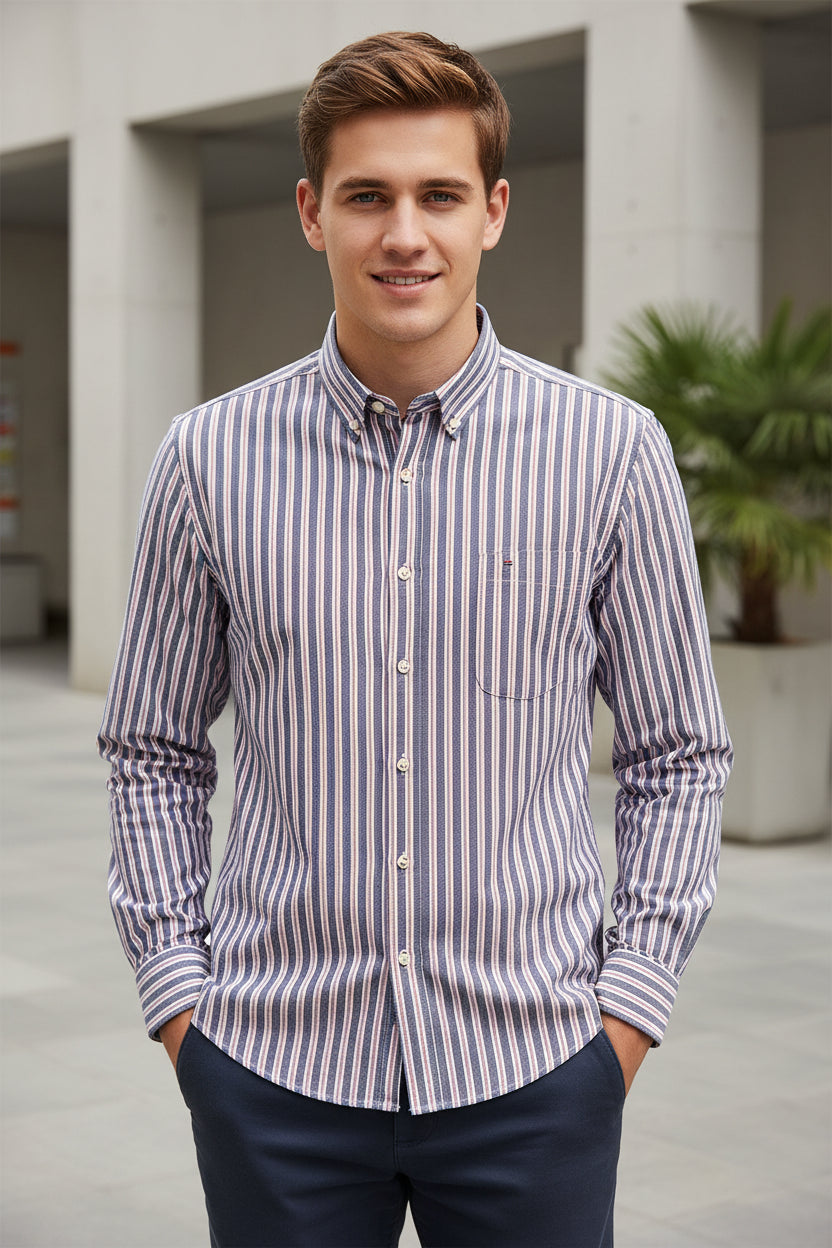 Striped shirt with a brand logo on a white background