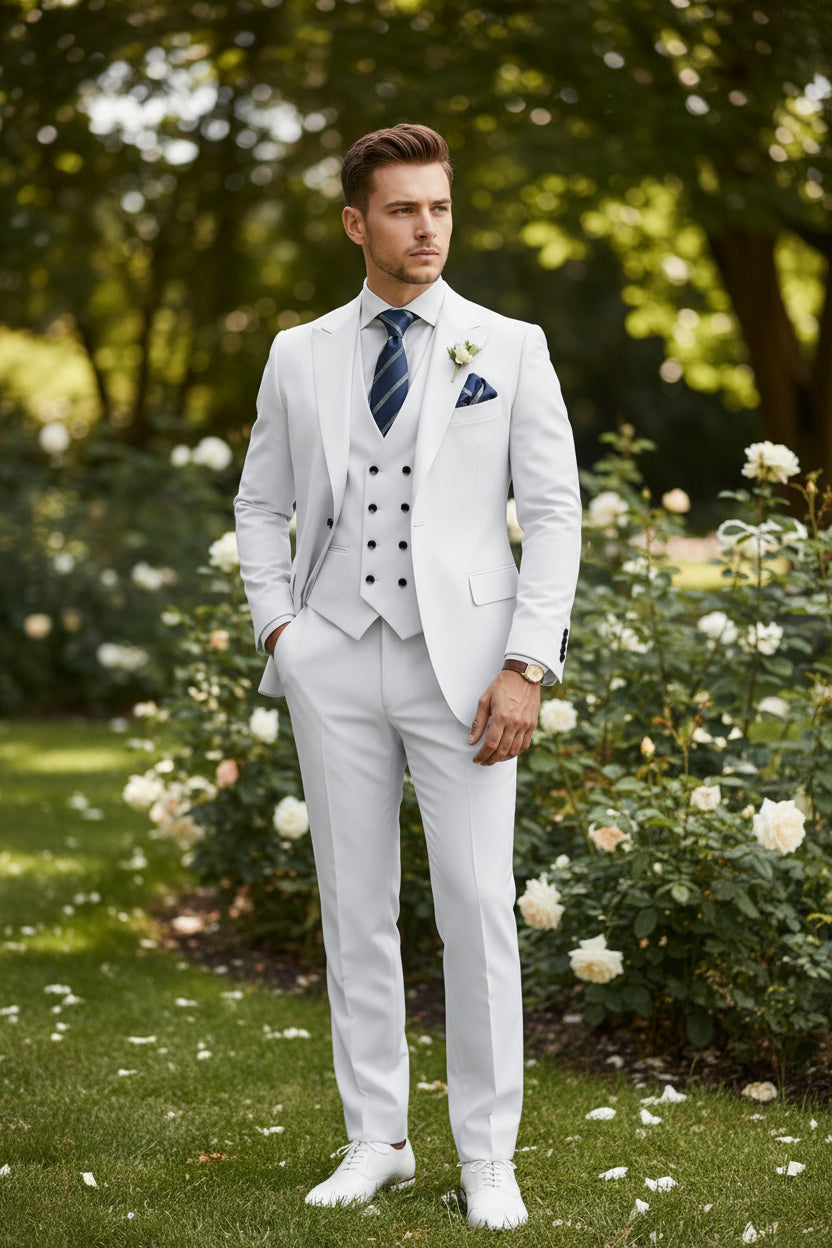 White suit with a striped tie and boutonniere on a white background