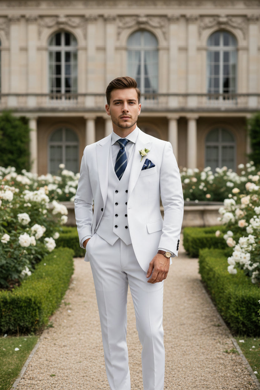 White suit with a striped tie and boutonniere on a white background