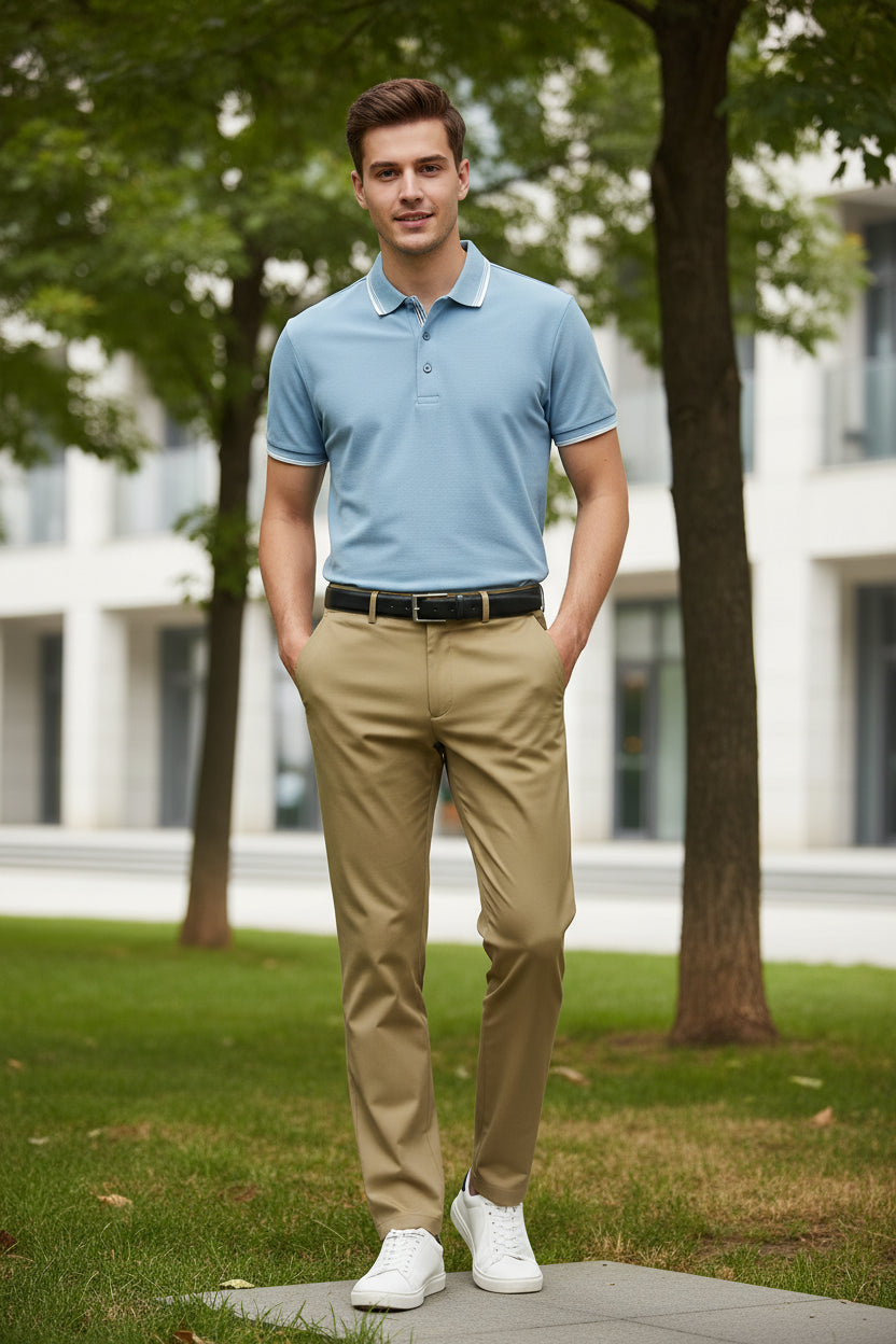 Beige pants with a black belt on a white background