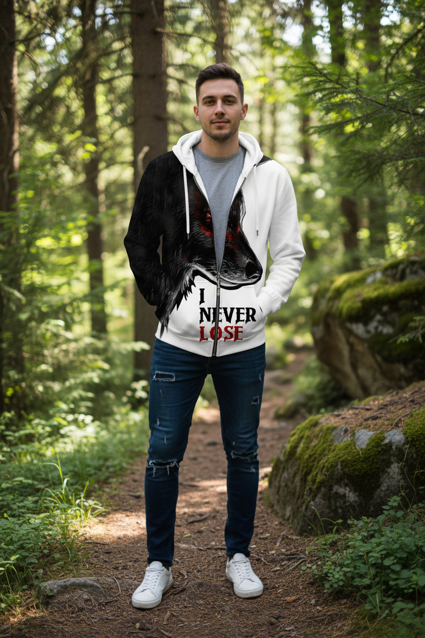 Hoodie with wolf design and 'I Never Lose' text on a white background
