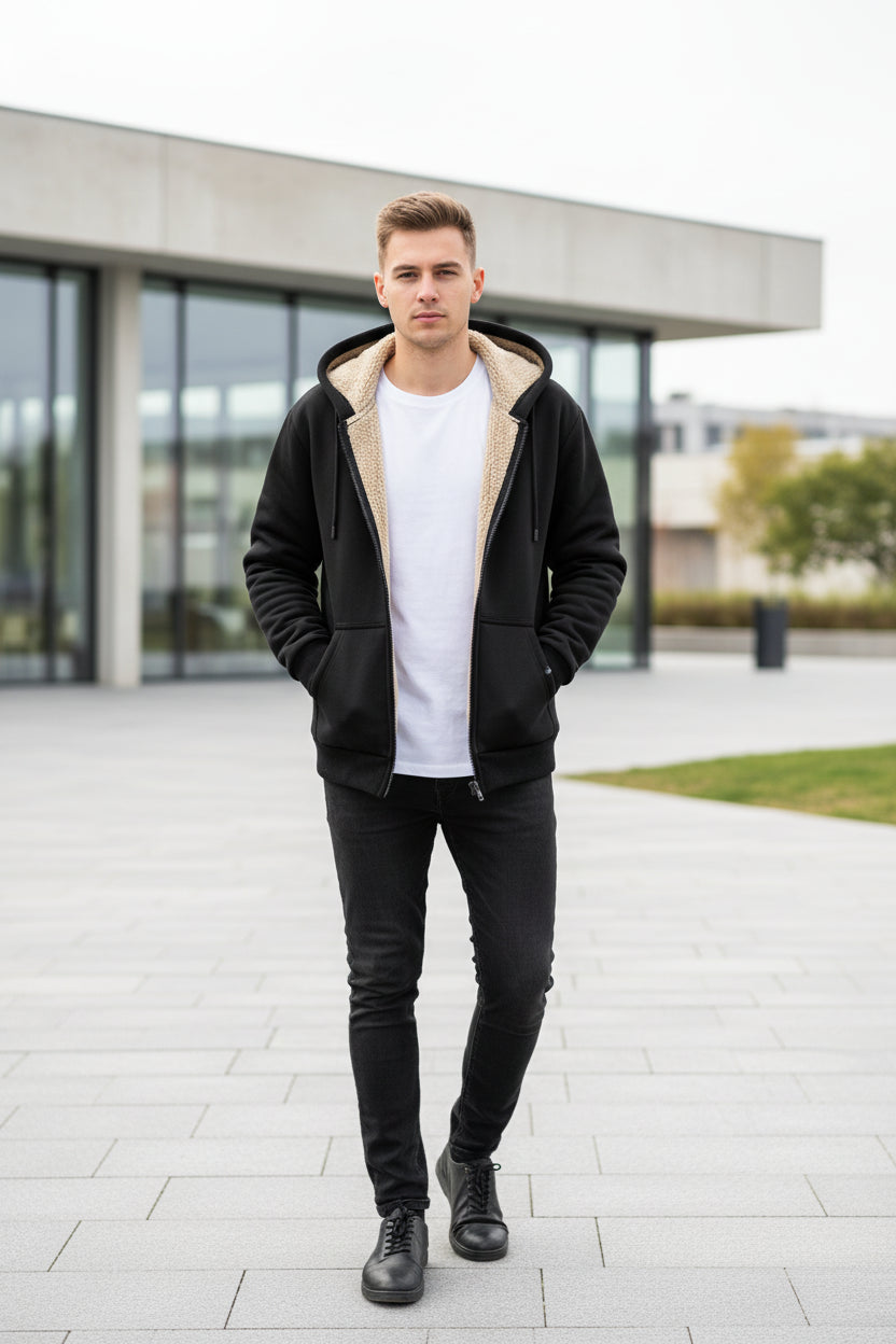 Black hoodie with beige lining on a hanger against a tiled wall background