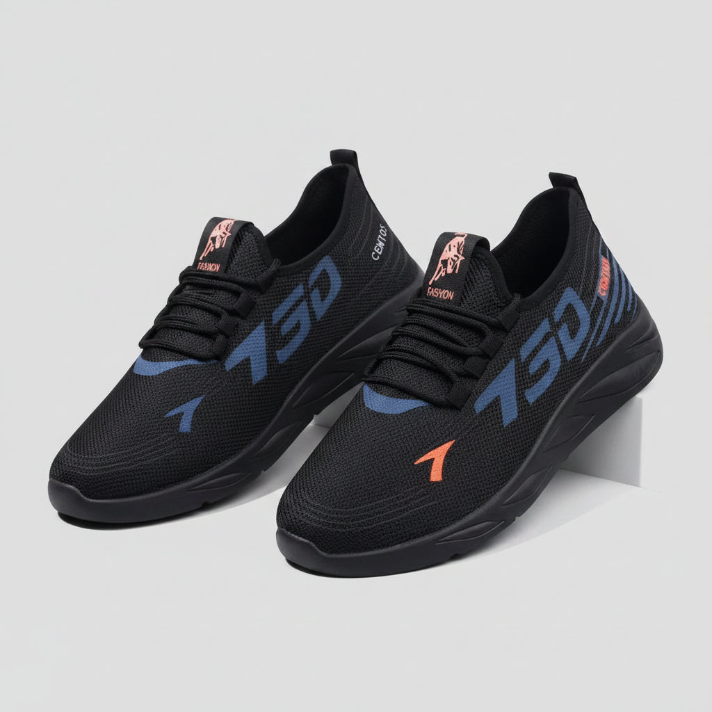 Black running shoes with blue and orange accents on a white background