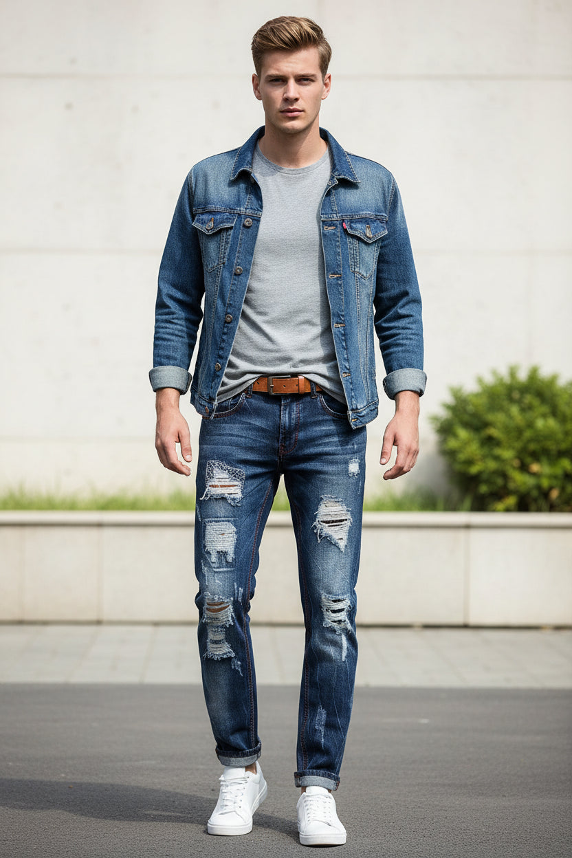 Ripped blue jeans with brown leather patches on a white background