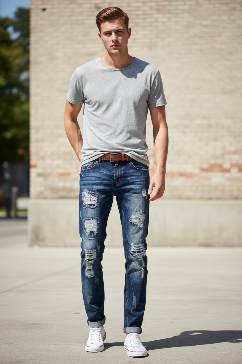 Distressed blue jeans with a white background