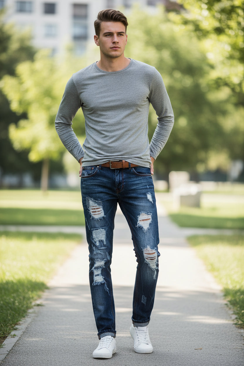 Distressed blue jeans with a white background