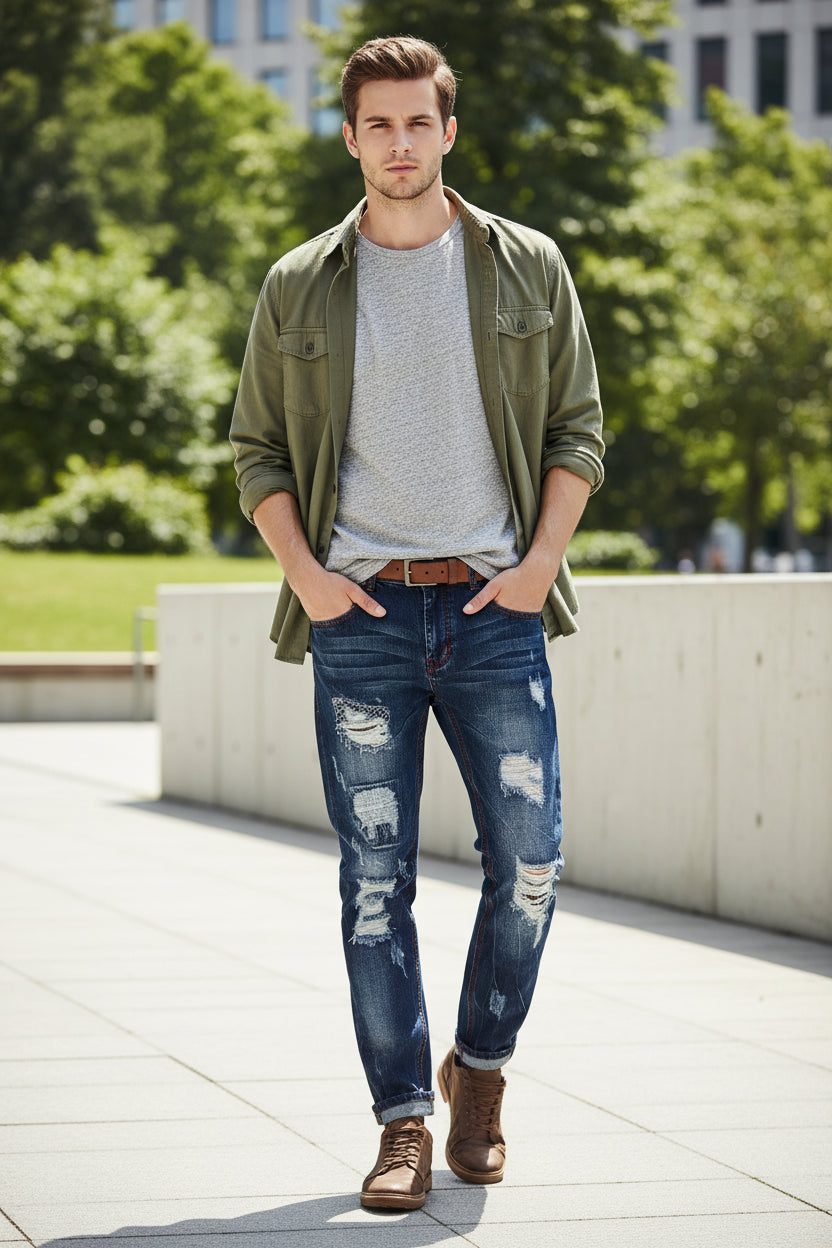 Distressed blue jeans with a white background