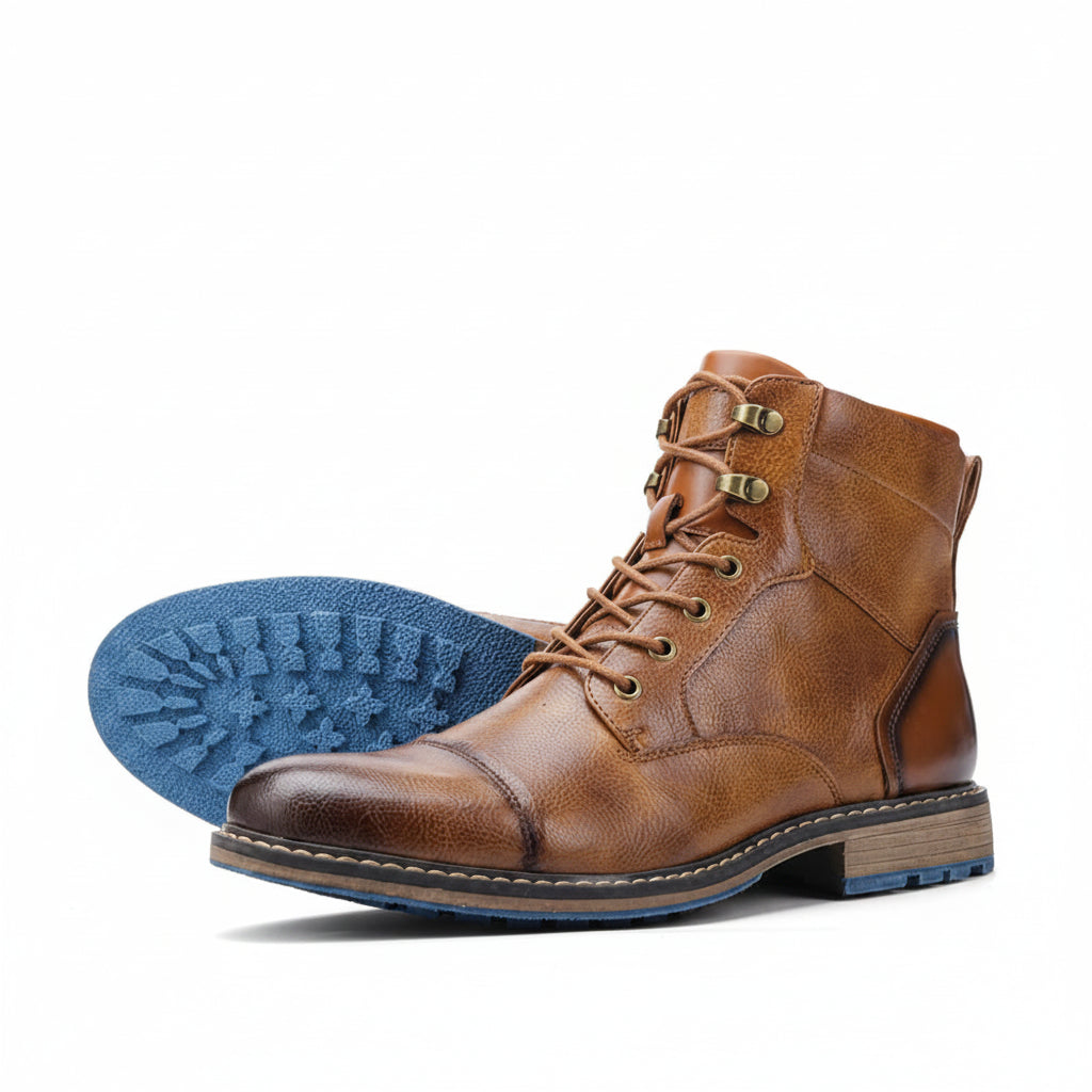 Brown leather boot with blue sole on a white background