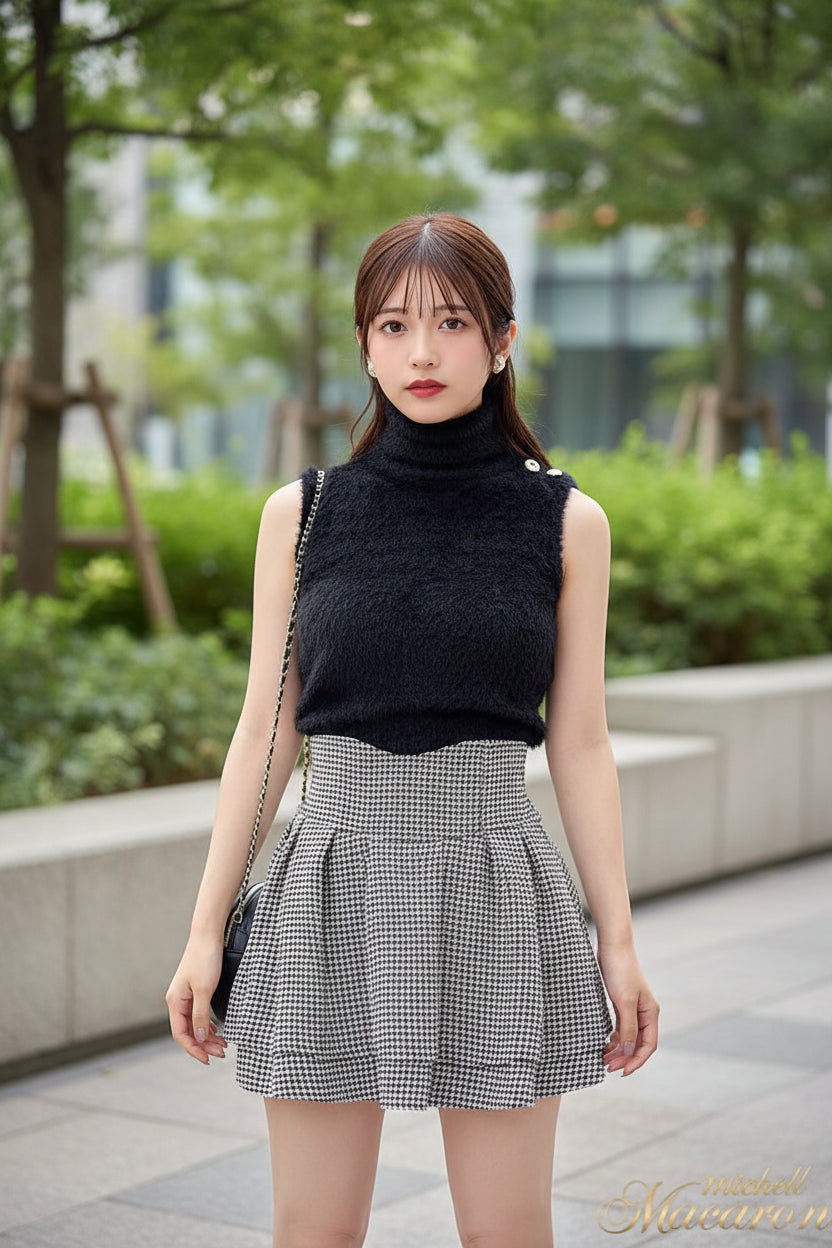 Woman wearing a black sleeveless top and plaid skirt standing in front of a mirror.