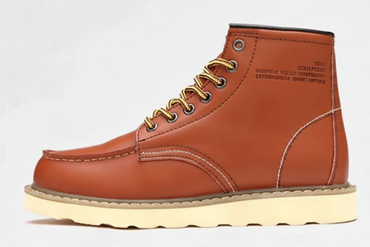Brown leather boot with gold laces on a light gray background