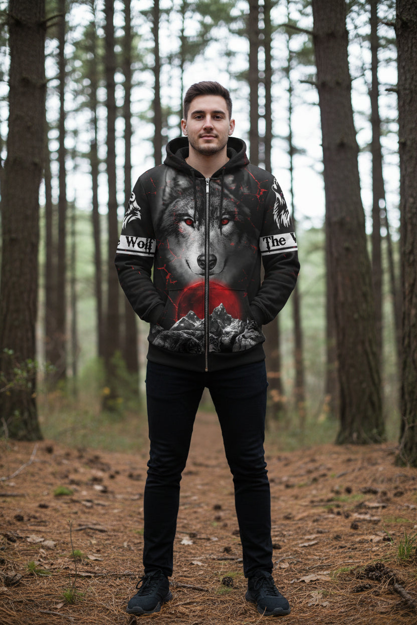 Hoodie with wolf design and red moon on a white background