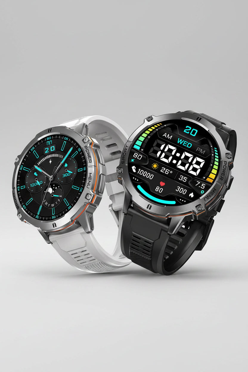 Two rugged smartwatches with different display styles on a white background, featuring text about their features.