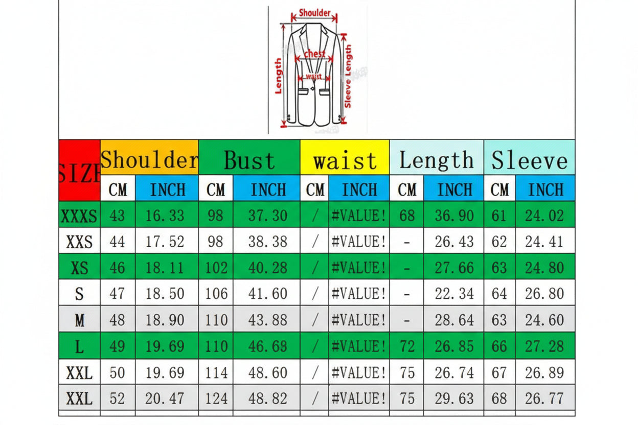 Measurement chart for a suit jacket with labeled parts and size chart.