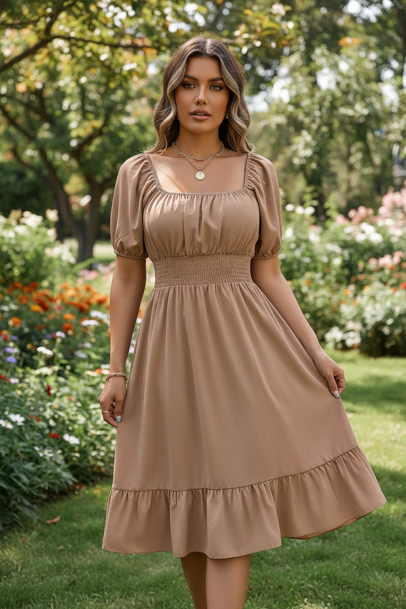 Woman wearing a brown dress with puff sleeves in a home setting.
