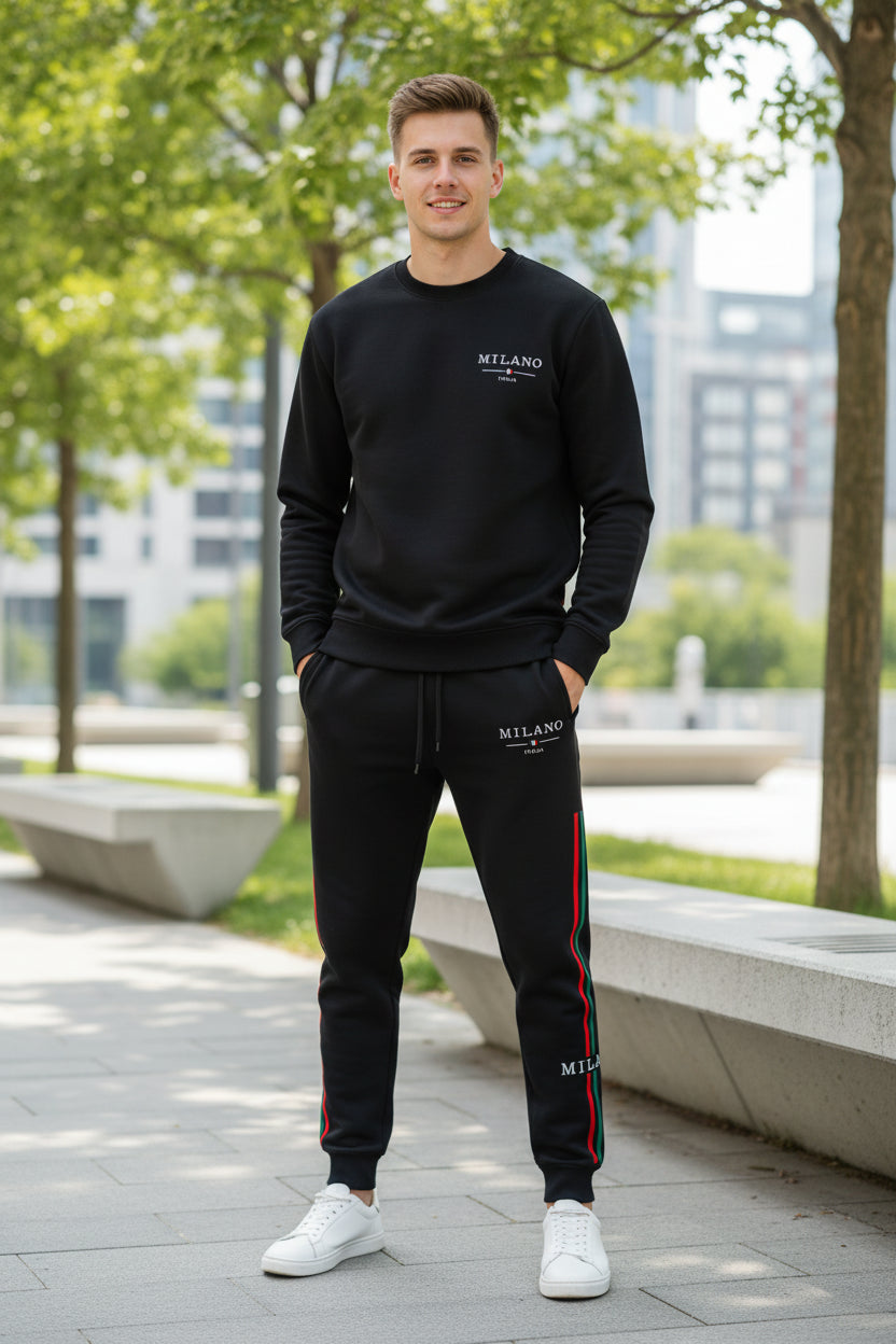 Black sweatpants with 'Milan' and 'Milano Italia' text on a white background