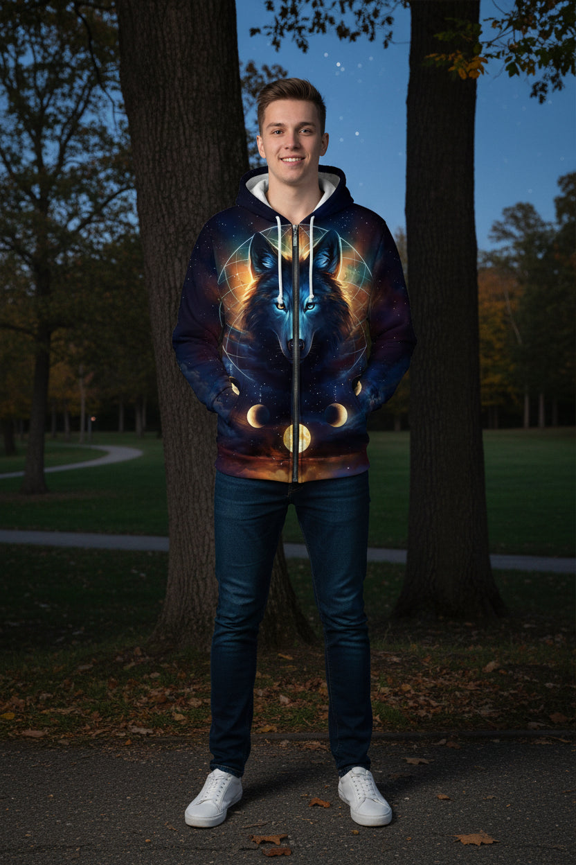 Hoodie with a wolf design and celestial elements on a white background