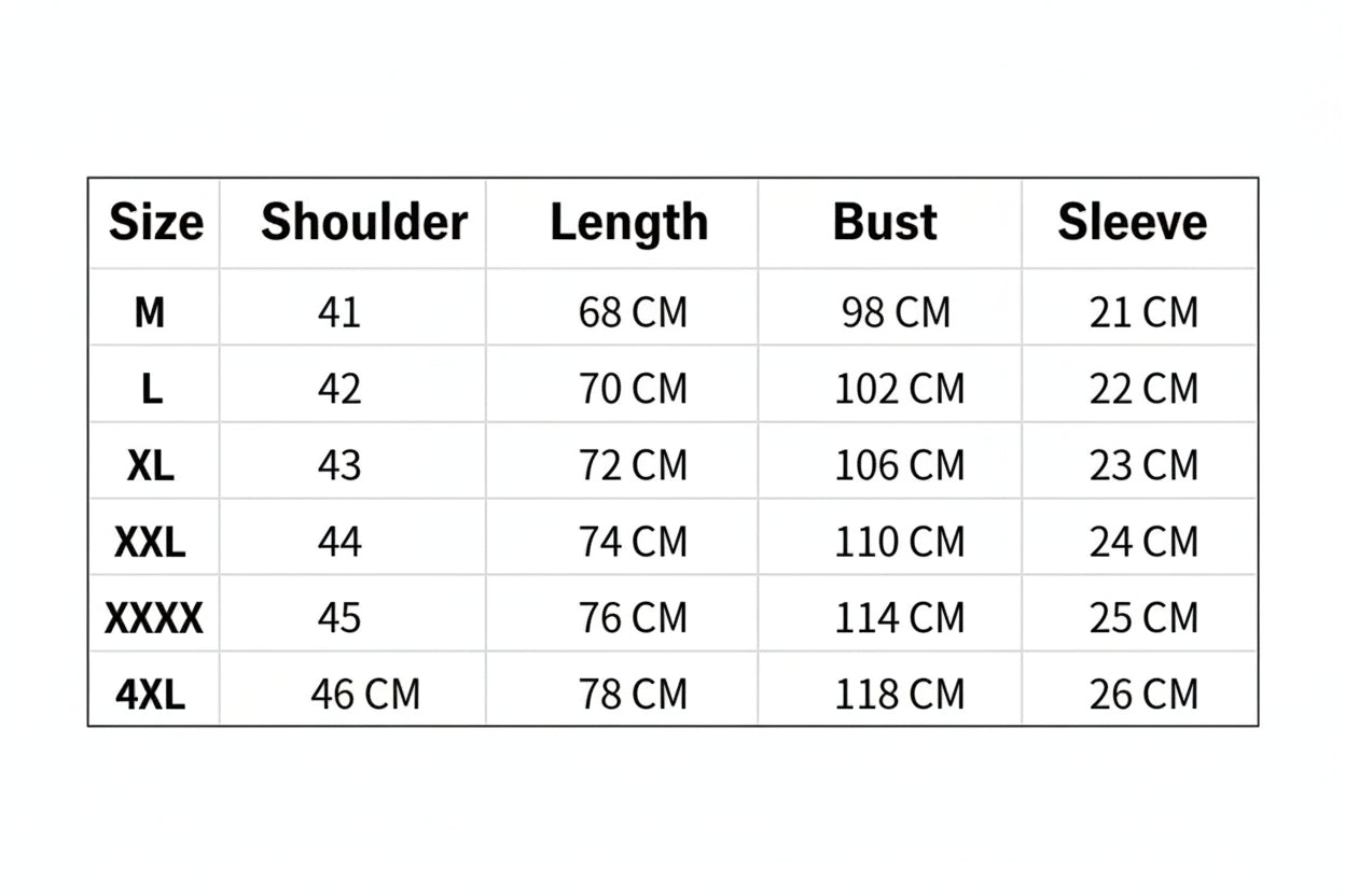 Measurement chart for clothing sizes with shoulder, length, bust, and sleeve dimensions.