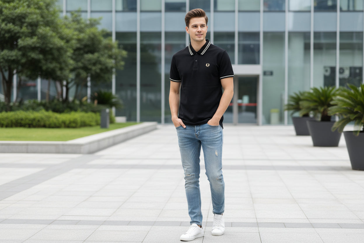 Black polo shirt with white trim and brand logo, held by a hand against a blurred background.