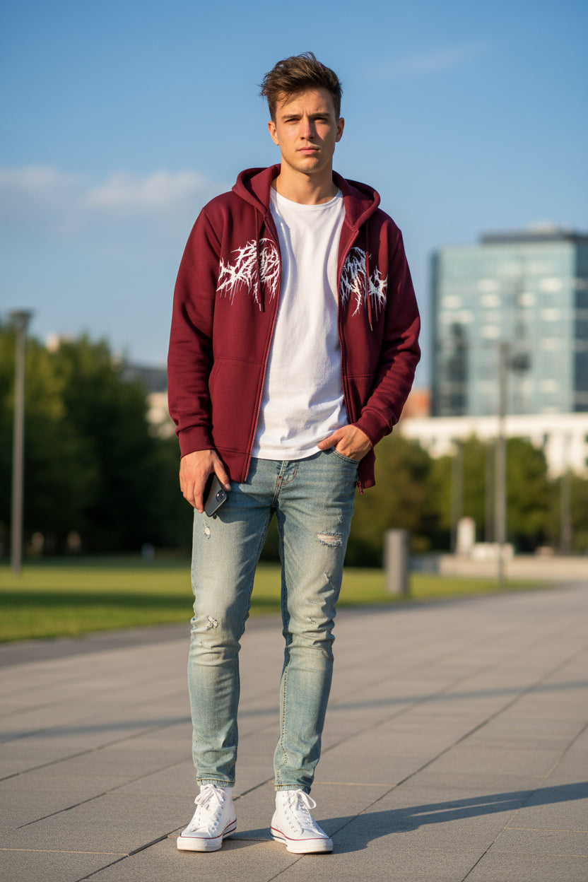 Maroon hoodie with white graphic design on a white background