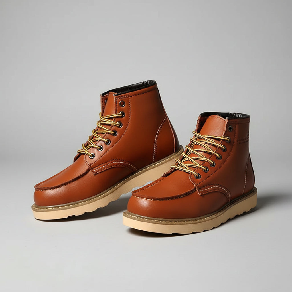 Brown leather boots with yellow laces on a textured brown background