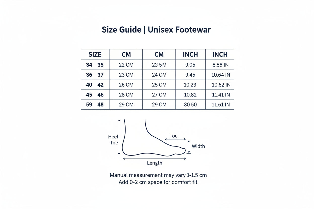 Foot measurement chart for Yang Hui Unisex shoes with size chart and foot length guide.