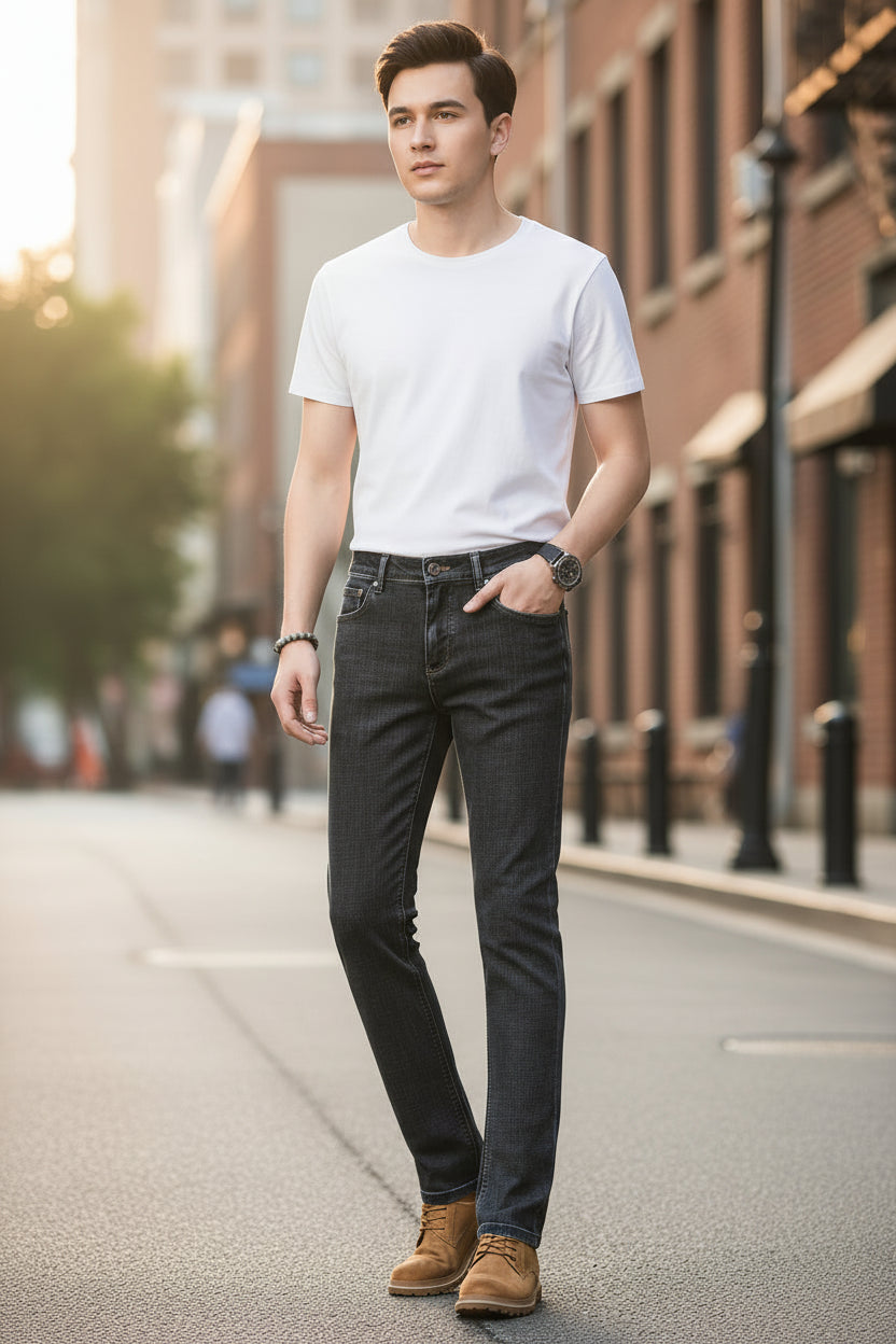 Person wearing thin blue jeans with a visible brand tag, standing against a white background.