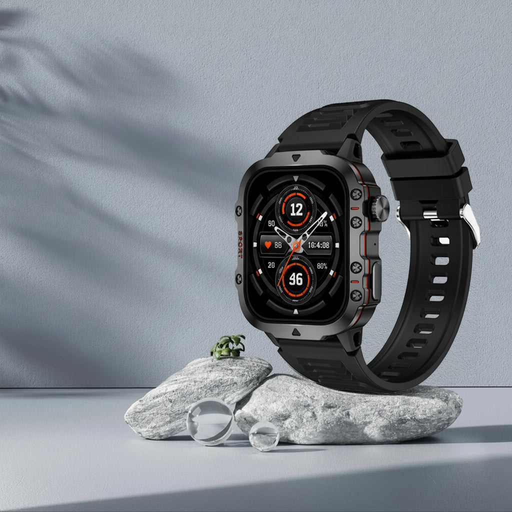Smartwatch with a black strap on a gray surface with a minimal background
