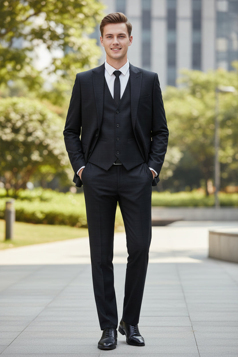 Dark gray pants with a subtle pattern on a white background