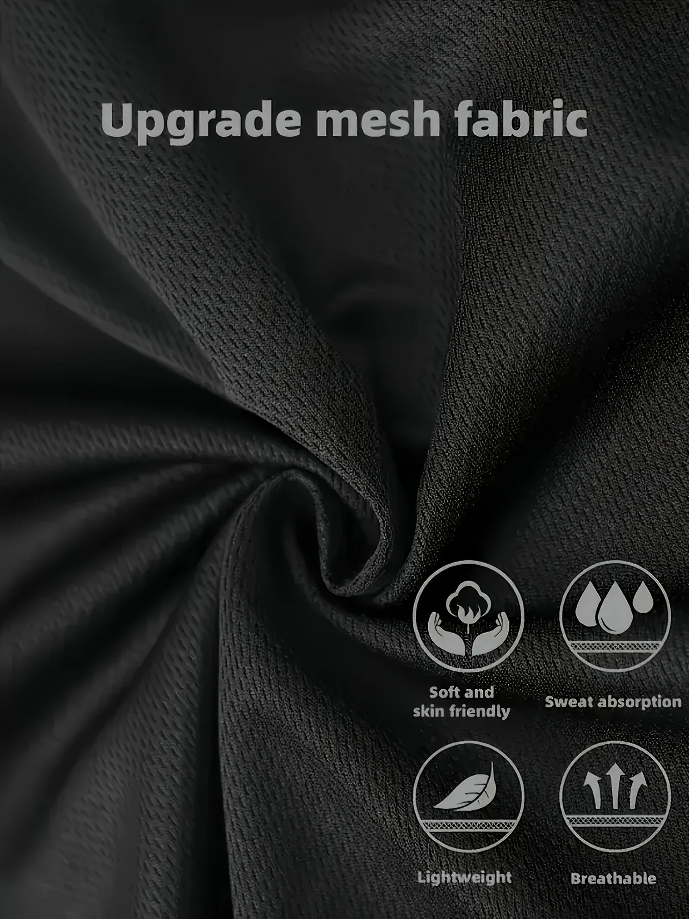 Close-up of black mesh fabric with icons and text indicating fabric properties.
