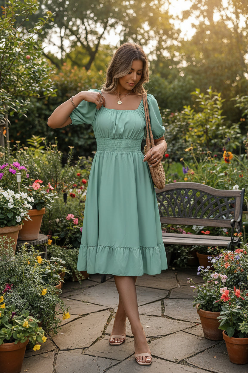 Woman wearing a light green dress with puff sleeves and a ruffled hem, holding a straw bag indoors.