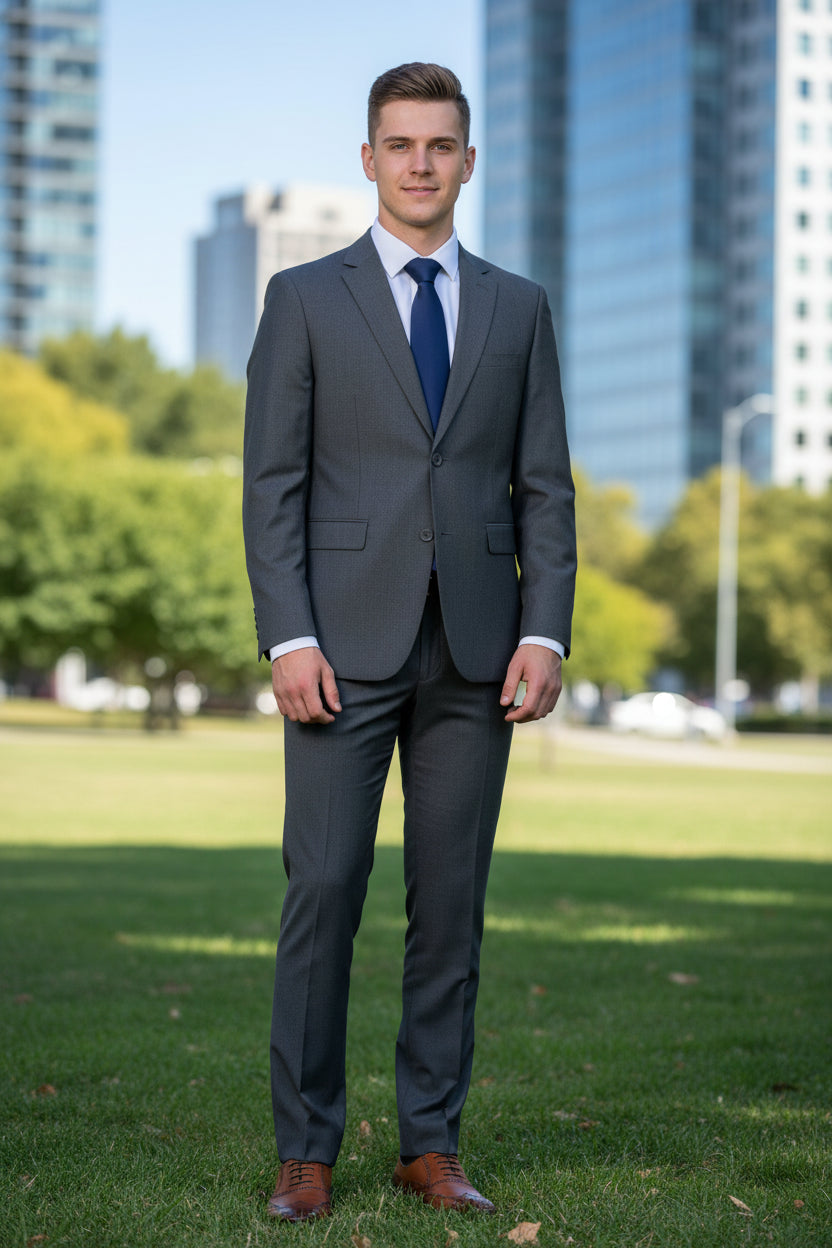 Gray suit with blue tie and brown shoes on a white background
