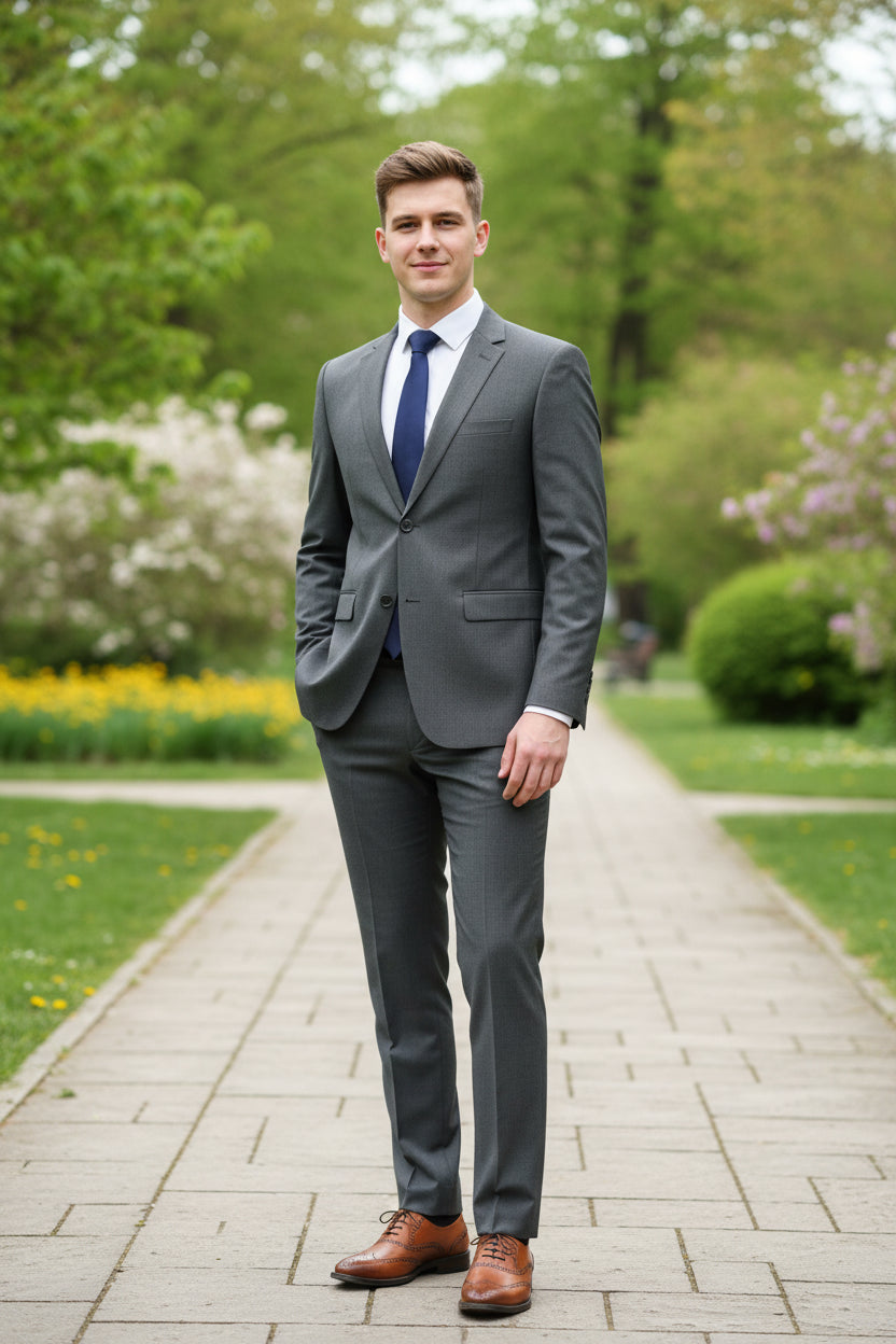 Gray suit with blue tie and brown shoes on a white background