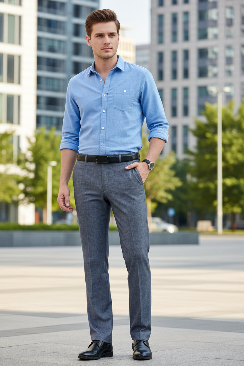 Blue checkered dress pants worn by a person on a white background